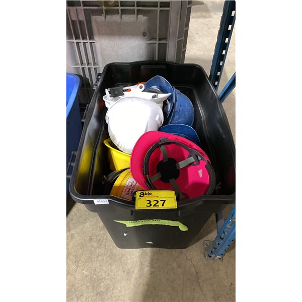 PLASTIC BIN OF ASSORTED INDUSTRIAL SAFETY HARD HATS *BIN INCLUDED*