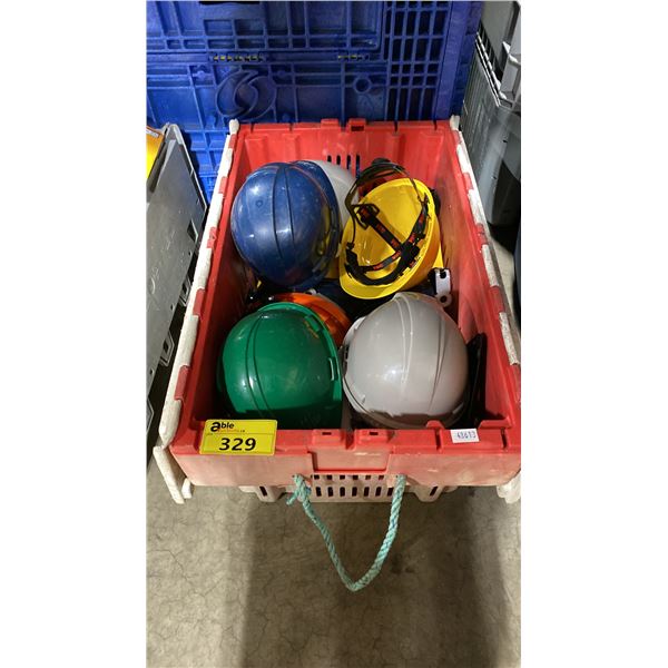 PLASTIC BIN OF ASSORTED INDUSTRIAL SAFETY HARD HATS *BIN INCLUDED*
