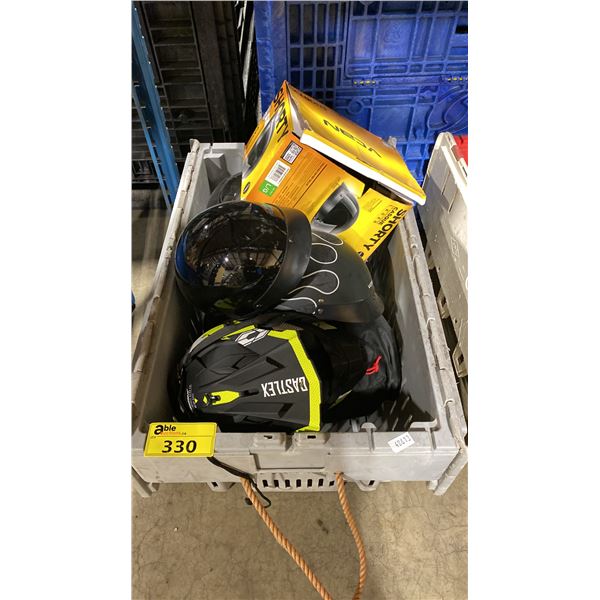 PLASTIC BIN OF ASSORTED SHORT STYLE HELMETS, OFF ROAD HELMETS, & MOTORCYCLE HELMETS *BIN INCLUDED*