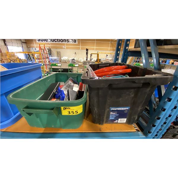 2 PLASTIC BINS OF ASSORTED HOSES, BATTERIES, & HAND TOOLS *BINS INCLUDED*
