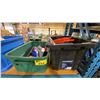 Image 1 : 2 PLASTIC BINS OF ASSORTED HOSES, BATTERIES, & HAND TOOLS *BINS INCLUDED*