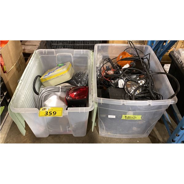 2 PLASTIC BINS OF ASSORTED SERVICE LIGHTS, RADIOS, & VEHICLE ELECTRICAL ITEMS *BINS INCLUDED*