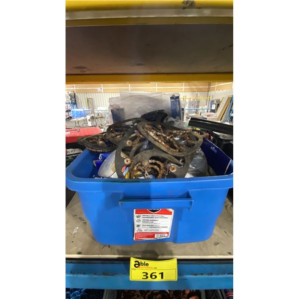BLUE PLASTIC BIN OF SAFETY GEAR & BOOT CHAINS *BIN INCLUDED*