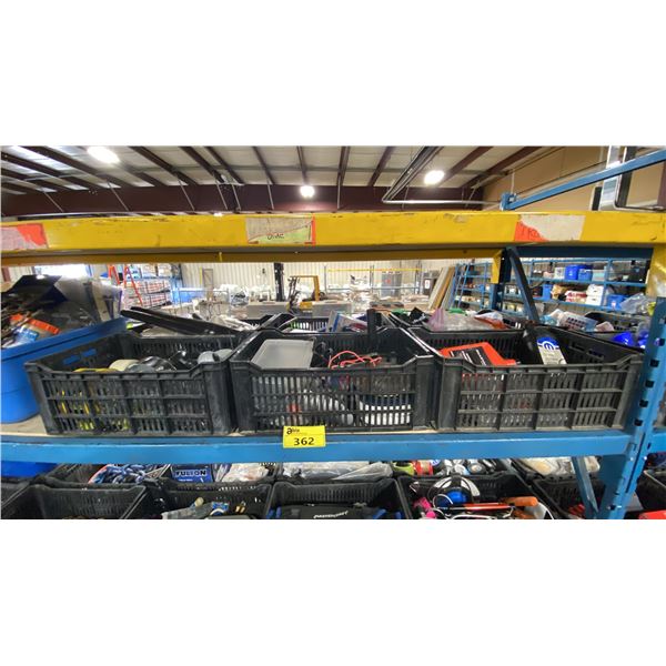 6 PLASTIC BINS OF ASSORTED OILS, TAPE STRAPS, & HAND TOOLS *BINS INCLUDED*