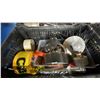 Image 2 : 6 PLASTIC BINS OF ASSORTED OILS, TAPE STRAPS, & HAND TOOLS *BINS INCLUDED*