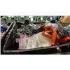 Image 7 : 6 PLASTIC BINS OF ASSORTED OILS, TAPE STRAPS, & HAND TOOLS *BINS INCLUDED*