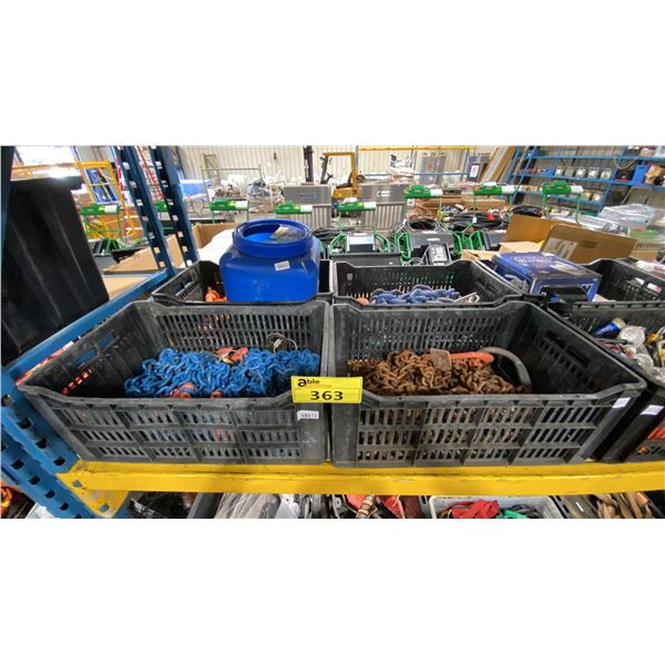 4 PLASTIC BINS OF ASSORTED INDUSTRIAL LIFTING CHAINS / SLINGS *BINS INCLUDED*