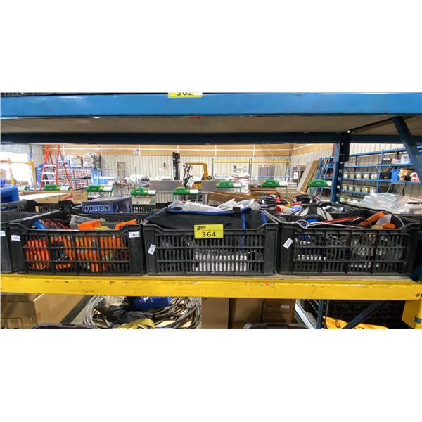 6 PLASTIC BINS OF ASSORTED INDUSTRIAL HAND TOOLS, MEASURING TAPES, TRAILER WINCH, HOOKS, ELECTRICAL