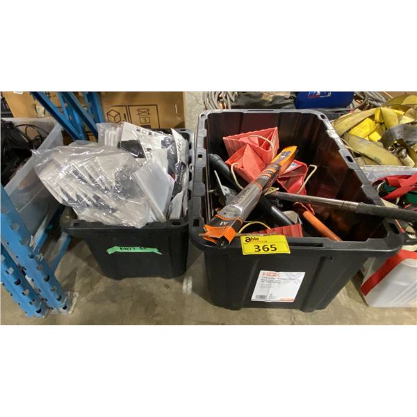 2 PLASTIC BINS OF COTTON BANDANAS, PROPELLER, WHEEL CHOCKS, & MISC ITEMS *BINS INCLUDED*