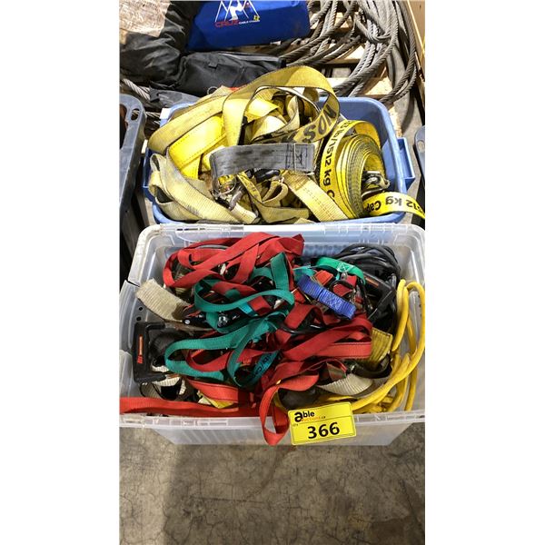 2 PLASTIC BINS OF INDUSTRIAL TIE DOWN STRAPS & CABLE *BINS INCLUDED*