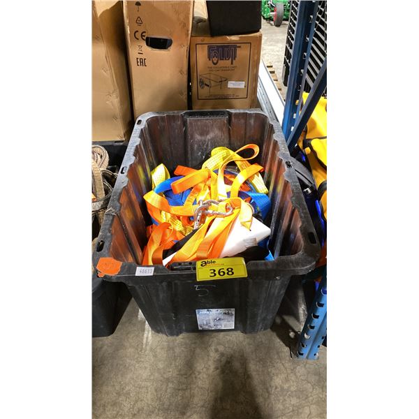 PLASTIC BIN OF INDUSTRIAL LIFTING SLINGS / STRAPS & SAFETY SWING *BIN INCLUDED*