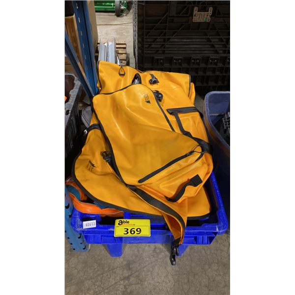 BLUE PLASTIC BIN OF ASSORTED MOUNTAIN EQUIPMENT COMPANY DRY BAGS *BINS INCLUDED*