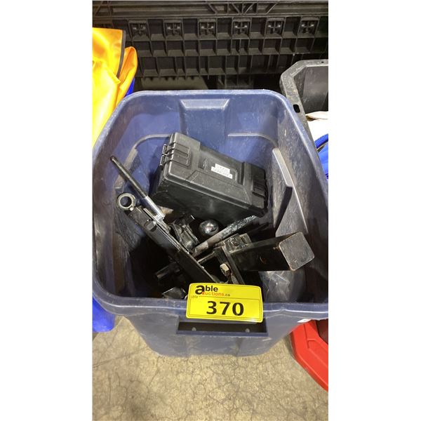 PLASTIC BIN OF INDUSTRIAL TRAILER HITCH & TOOLS *BIN INCLUDED*