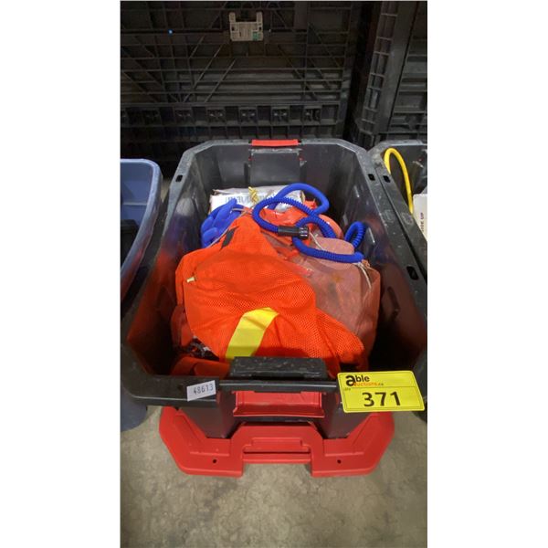 PLASTIC BIN OF INDUSTRIAL SAFETY GEAR, ROPE & WATER HOSE *BIN INCLUDED*