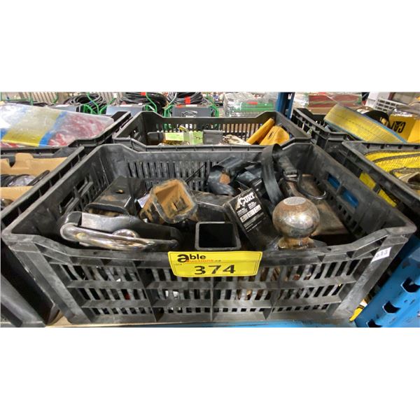 2 PLASTIC BINS OF ASSORTED INDUSTRIAL TRAILER HITCH ITEMS, & RATCHET STRAPS *BINS INCLUDED*