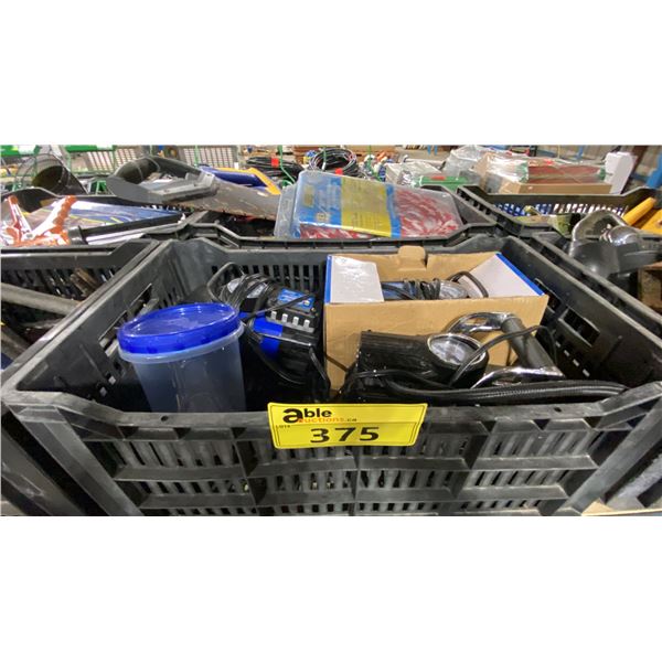 2 PLASTIC BINS OF ASSORTED INDUSTRIAL HAND SAWS, TOW ROPE, & ELECTRIC AIR COMPRESSORS*BINS