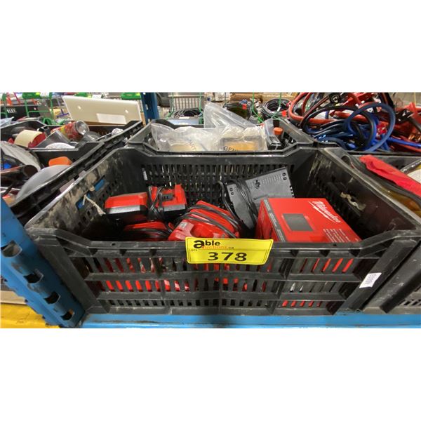 2 PLASTIC BINS OF ASSORTED INDUSTRIAL OILS / FILTERS, & MILWAUKEE ELECTRIC BATTERY CHARGERS