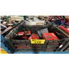 Image 1 : 2 PLASTIC BINS OF ASSORTED INDUSTRIAL OILS / FILTERS, & MILWAUKEE ELECTRIC BATTERY CHARGERS