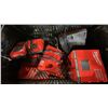 Image 2 : 2 PLASTIC BINS OF ASSORTED INDUSTRIAL OILS / FILTERS, & MILWAUKEE ELECTRIC BATTERY CHARGERS