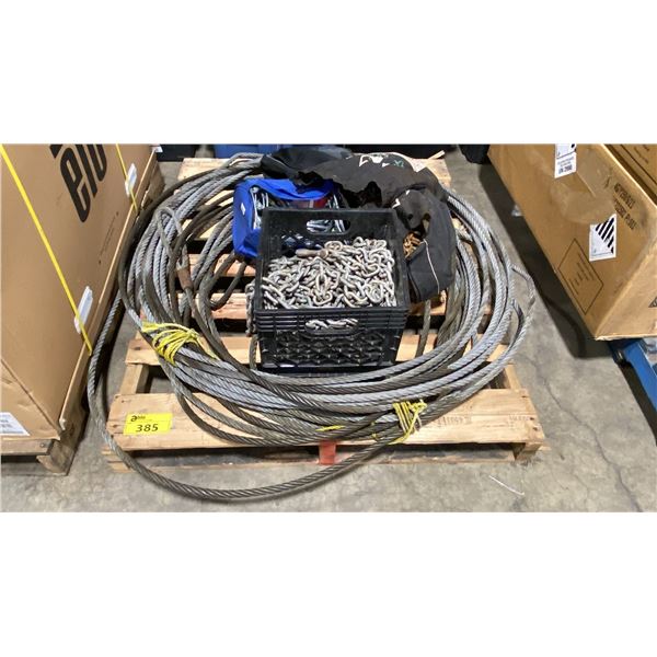 PALLET OF HEAVY DUTY INDUSTRIAL BRAIDED CABLE, LIFTING CHAINS, & VARIOUS VEHICLE TIRE CHAINS