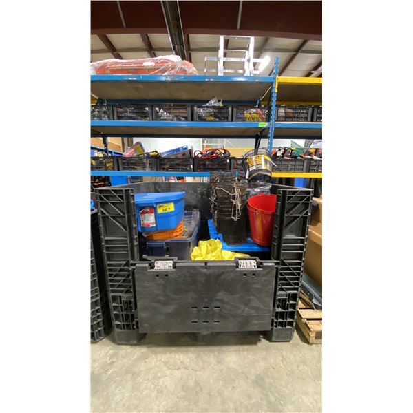 PALLET CRATE OF DELUXE MINNOW TRAPS, CHUM BUCKETS, CRAB PELLETS, & BINS OF ASSORTED MARINE ITEMS