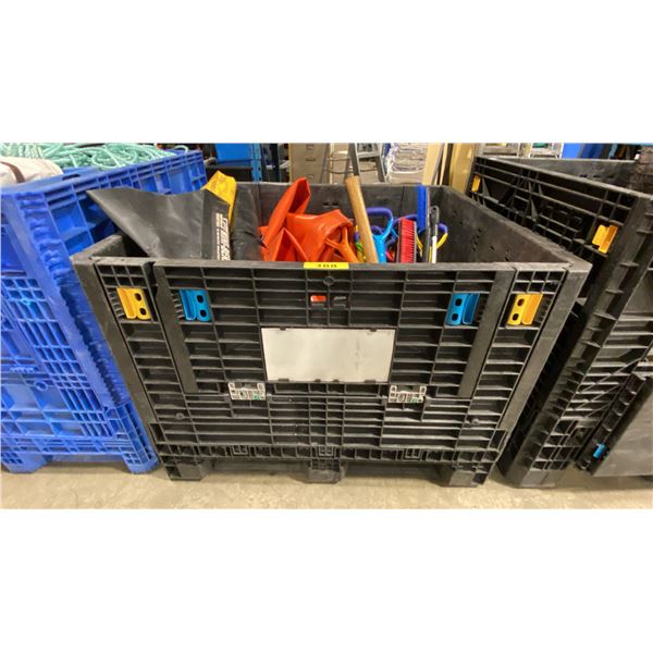 PALLET CRATE OF ASSORTED SHOVELS, LARGE TOOLS, & COMMERCIAL MARINE SPILL CLEANUP GEAR