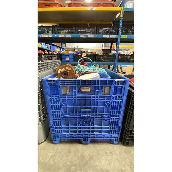 PALLET CRATE OF ASSORTED STRAPS, ROPE, TARPS, BINS, & MARKING FLAGS