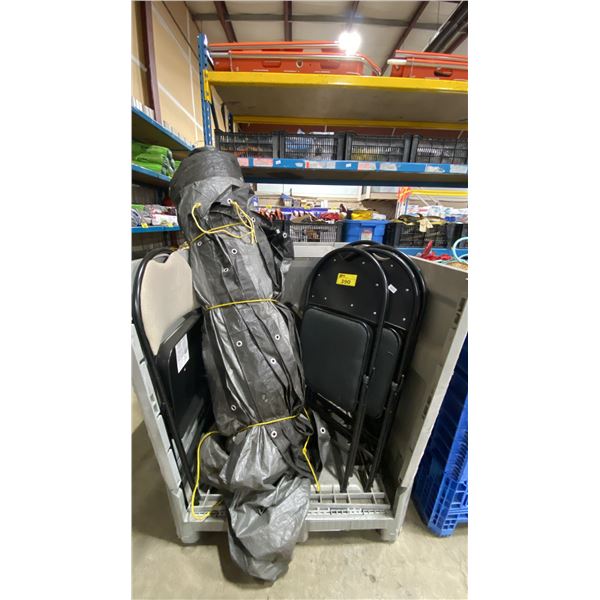 PALLET CRATE OF INFLATABLE BOAT FLOOR, FOLDING EVENT CHAIRS, LARGE TARP, ROPE, & HEAVY DUTY ROLL OF