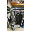 Image 1 : PALLET CRATE OF INFLATABLE BOAT FLOOR, FOLDING EVENT CHAIRS, LARGE TARP, ROPE, & HEAVY DUTY ROLL OF