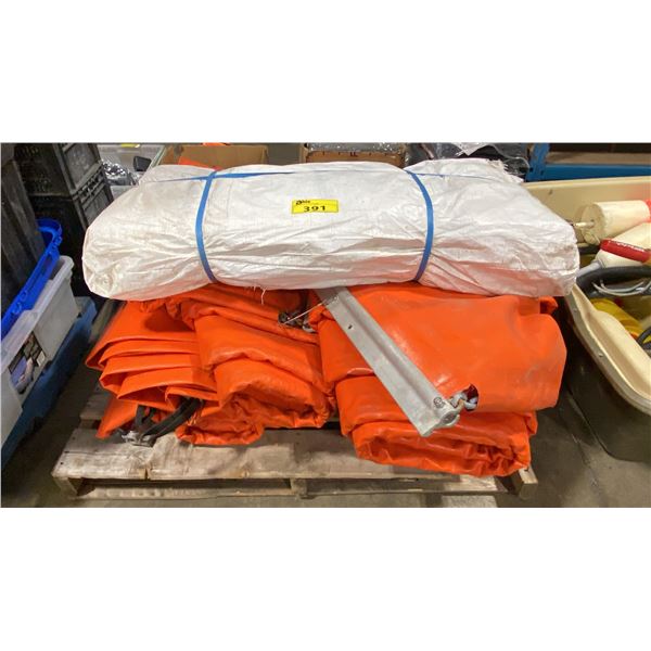 PALLET OF ORANGE COMMERCIAL INFLATABLE SPILL RESPONSE PROTECTION BAGS & PACK OF WHITE INDUSTRIAL