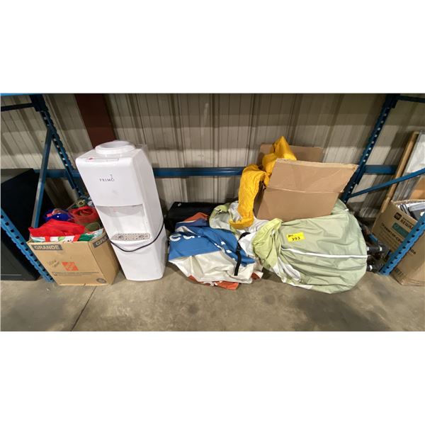 LARGE FOLDABLE TENT CANOPIES, PRIMO ELECTRIC WATER COOLER, BOX OF CHRISTMAS DECOR ITEMS, & BOX OF