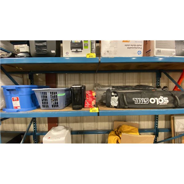 LARGE FOLDABLE TENT CANOPIES, KEURIG ELECTRIC COFFEE MAKER, BIN OF APC POWER SUPPLY, POWERBAR, &