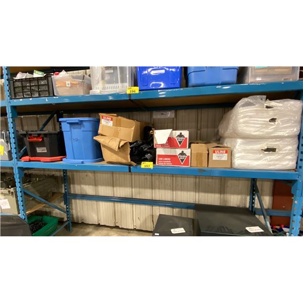 SHELF OF ASSORTED SPILL CLEANUP PADS, CAN LINERS, WASTE BAGS, YARD BAGS, & BUBBLE WRAP *MUST TAKE