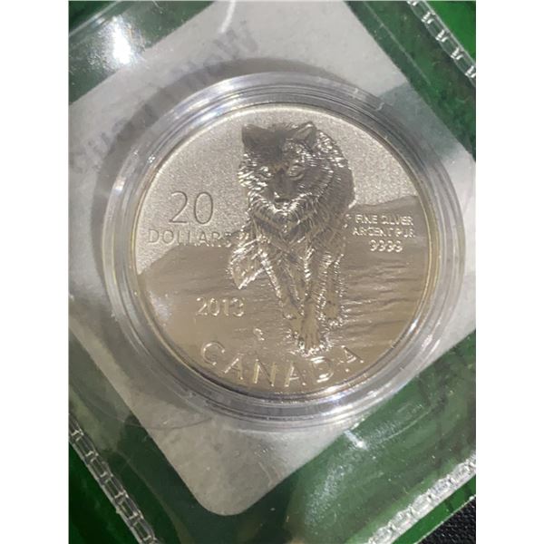 2013 Royal Canadian Mint $20 Silver Wolf Coin, .9999 Fine, COA