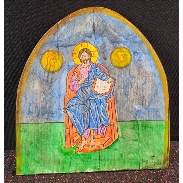 Hand-Painted Religious Icon on Wood, 10" x 9"