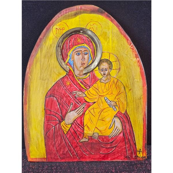 Hand-Painted Jerusalem Religious Icon on Wood, 9 x 11 Inches