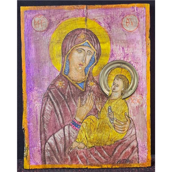 Hand-Painted Religious Icon on Wood, 11 x 14 Inches