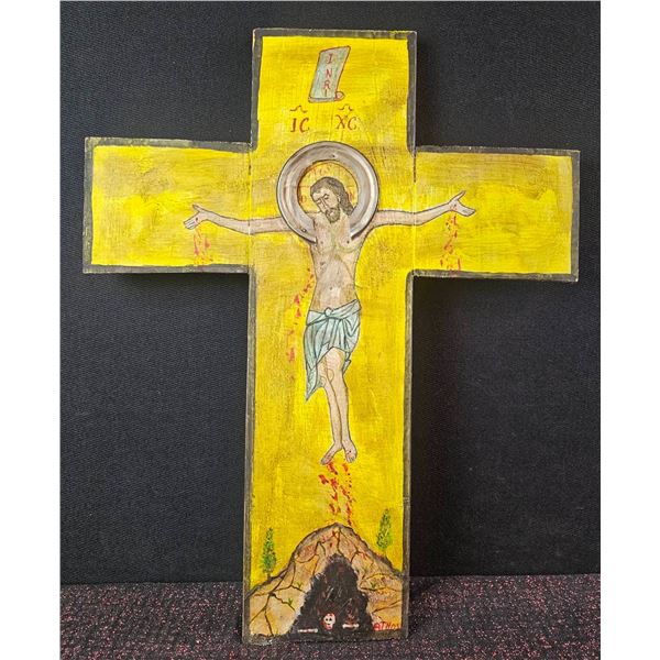 Hand-Painted Crucifix Icon on Wood, 10 x 16 Inches
