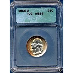 COLOR 1958-D SILVER WASHINGTON QUARTER-ICG MS65