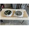 Image 1 : 3 NEW 12 INCH WALL CLOCKS. TWO ARE BLACK WITH A CHROME FINISH. ONE IS BLACK WITH A WHITE FINISH