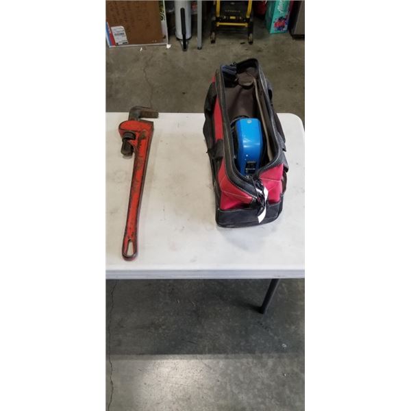LARGE PIPE WRENCH AND HUSKY TOOL TOTE BAG, LEMMER PAINT SPRAYER