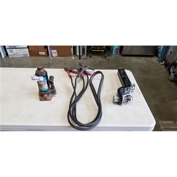 VEHICLE HITCH, JUMPER CABLES AND 6 TON BOTTLE JACK