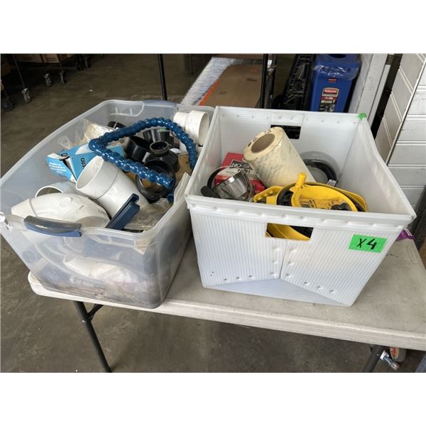 2 TOTES OF MISC TOOLS AND PLUMBING SUPPLIES