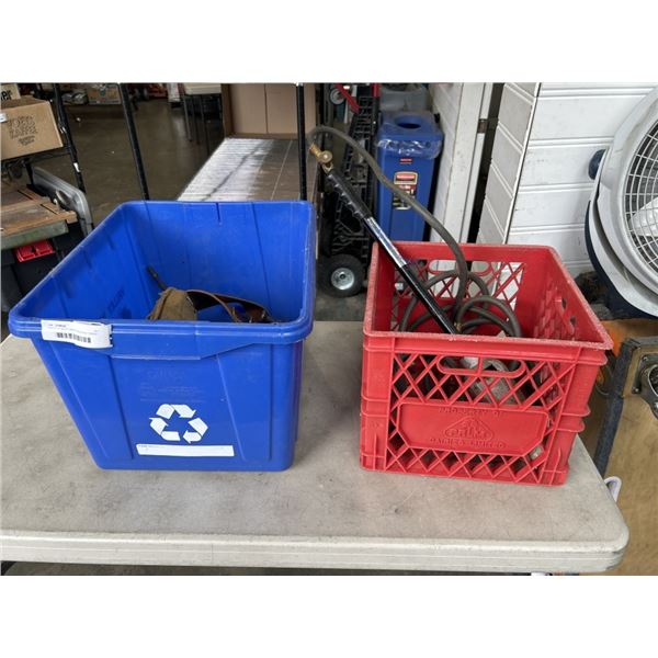 CRATE OF BODY SHOP TOOLS AND TORCH ROD W/ HOSE