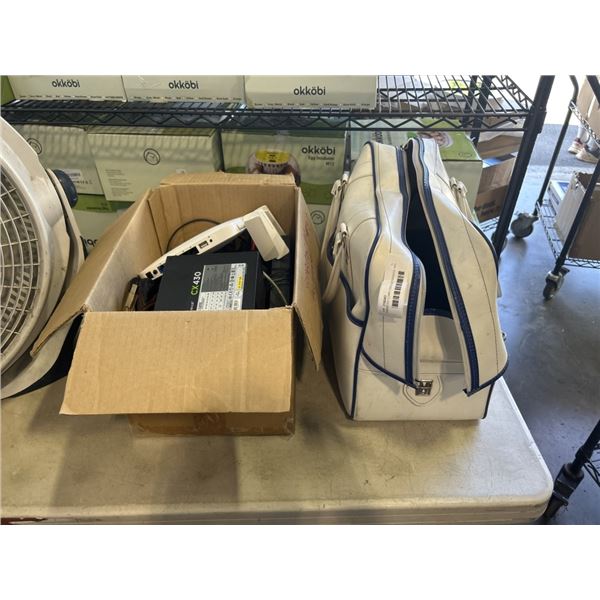 ASSORTED COMPUTER ELECTRONICS, AND LABATTS BAG WITH DRILL