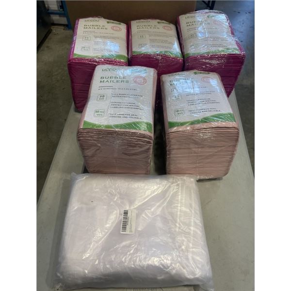 5 NEW PACKS UCGOU BUBBLE MAILERS (6" X 10"). 50 PCS PER PACK. ALSO ANKIROL 100 PCS SHEER ORGANZA FAV