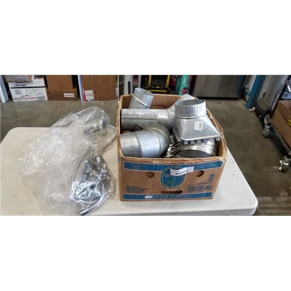 BOX OF TIN DUCTIING PIECES AND SHOWER FAUCET