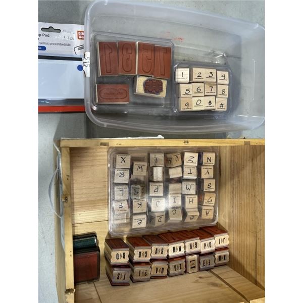 WOODEN BOX OF STAMPS AND INK PADS