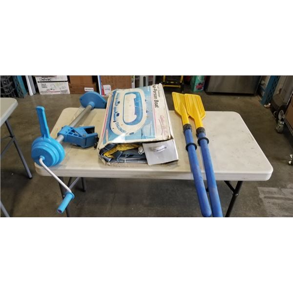 4 PERSON CHALLENGER INFLATABLE RAFT, OARS AND MANUAL MOTOR