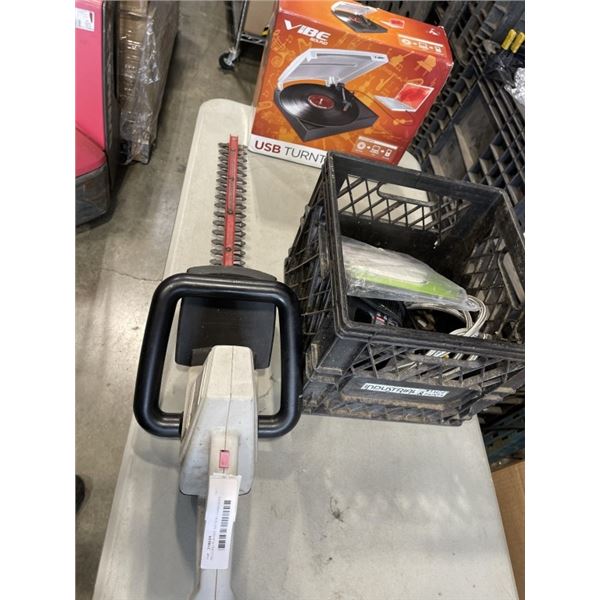 RECORD PLAYER, BATTERY CHARGERS, AND HEDGE TRIMMER